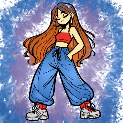 girl in baggy pants crop top and long hair