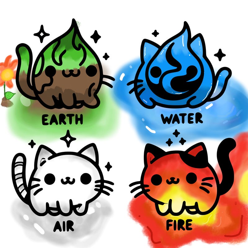 4 cats that represent the different elements, earth, water, air, and fire
