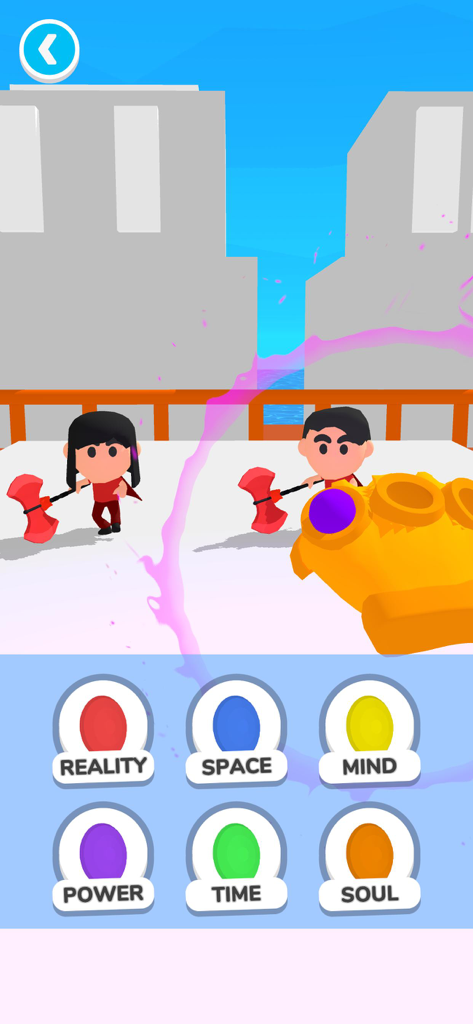 Visão em primeira pessoa de uma luva dourada usando poderes cósmicos contra inimigos de desenho animado no jogo mobile Gold Hand.