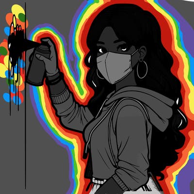 realistic girl with mask spray painting a wall