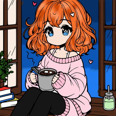 cute anime girl reading book and drinking hot chocolate from mug with loose wavy hair wearing a baggy sweatshirt and shorts sitting by windowsill looking out