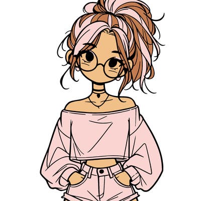 girl with a messy ponytail glasses a baggy crop top and jean shorts