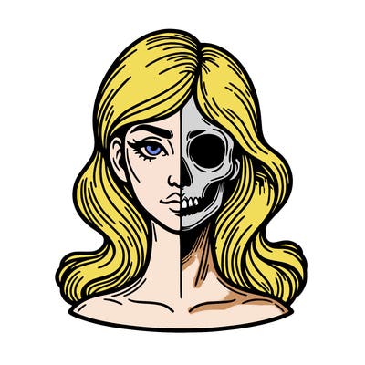 bust of a woman, half face and hair, half skull