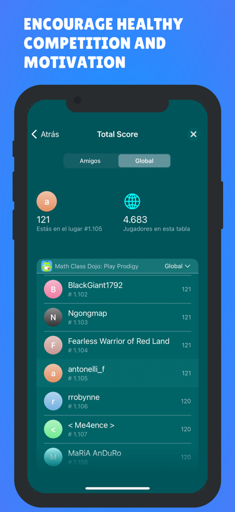Ein Screenshot des globalen Ranglistenbildschirms in der Math Ninja Dojo App, der Spielergebnisse und -platzierungen für gesunden Wettbewerb anzeigt.