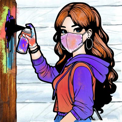 realistic girl with mask spray painting a wall