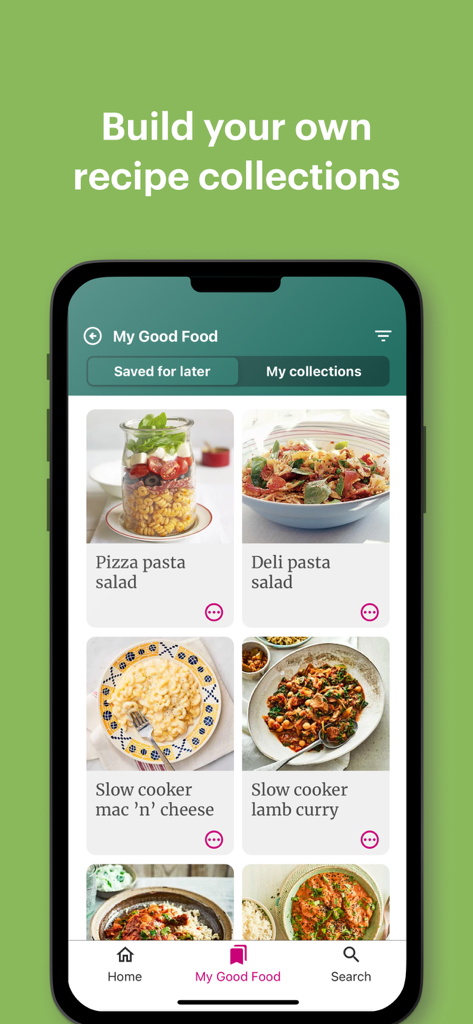 Good Food: Recipe Finder - Smartphone screen showing a grid of saved recipes in the Good Food app under the My Good Food section.