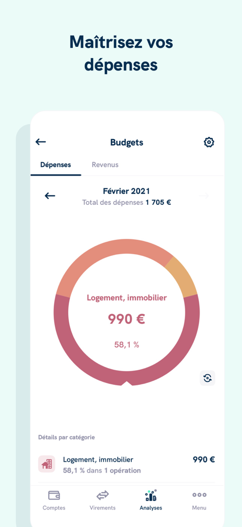 Linxo - L'app n°1 de budget - Linxo mobile app interface showing a budget expense donut chart with a breakdown for housing and real estate costs