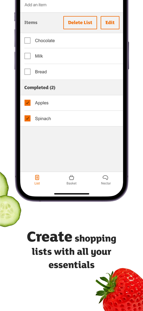 Sainsbury's SmartShop - Un écran de téléphone mobile affichant la fonction de liste de courses de l'application Sainsburys SmartShop avec des articles d'épicerie comme du lait et des pommes.
