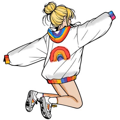 realistic girl jumping with a bun and oversized sweatshirt