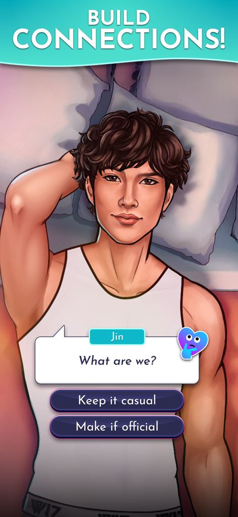 Uma tela de escolha interativa em Love Island The Game onde o personagem Jin pergunta 'O que somos?' com opções para manter casual ou tornar oficial.