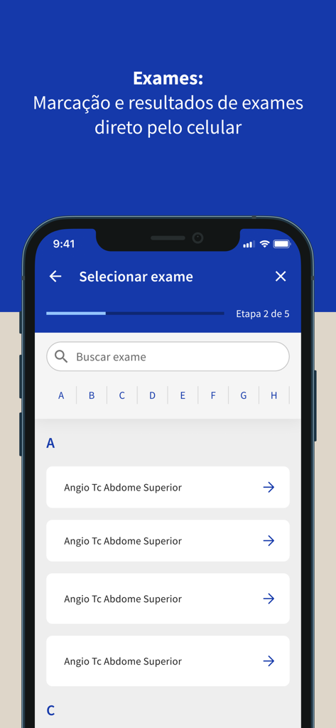 Hapvida NotreDame - Interfaz de la aplicación Hapvida NotreDame que muestra funciones de selección y programación de exámenes médicos
