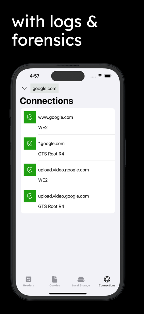 Cydog Toolkit - Screenshot der Cydog Toolkit App, der detaillierte Netzwerkverbindungsprotokolle und Sicherheits-Forensik für eine Website auf einem iPhone zeigt.