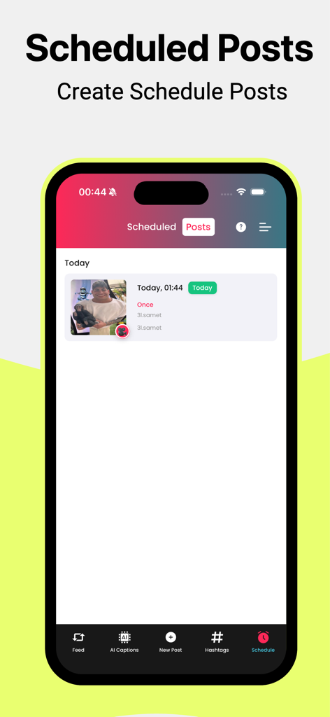 Mobile app interface showing a list of scheduled video posts for social media