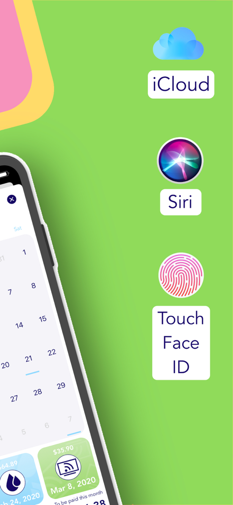 Schermata dell'app Le mie bollette che mostra la sincronizzazione iCloud, le scorciatoie di Siri e le funzionalità di sicurezza Touch o Face ID