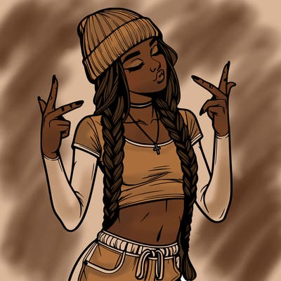 realistic teenage girl with braids and a beanie and crop top doing 🫶🏼