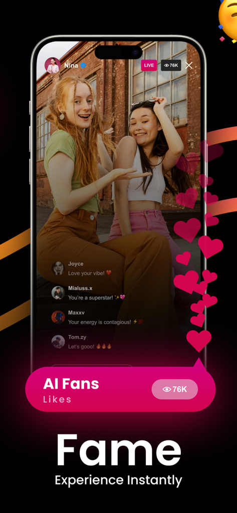 Famely - AI Fake Stream Prank - A simulated live stream interface on the Famely app showing two girls with seventy six thousand AI fans and social media engagement