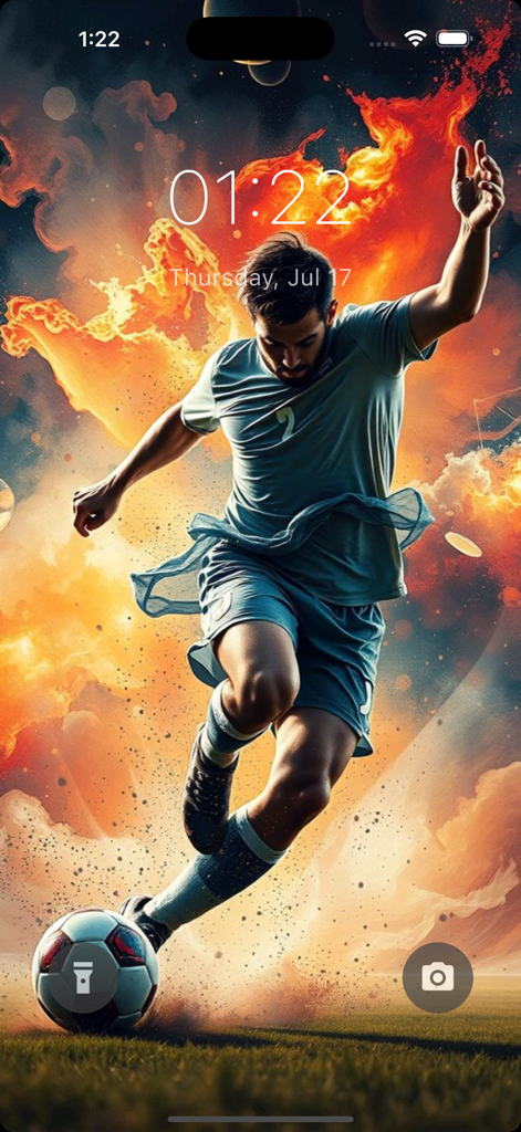 モバイルデバイス上の、選手と炎の背景を持つ芸術的な4Kサッカー壁紙