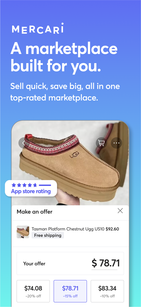 Mercari: Buying & Selling App - Screenshot of the Mercari marketplace app showing a price offer interface for a pair of Ugg Tasman Platform shoes.