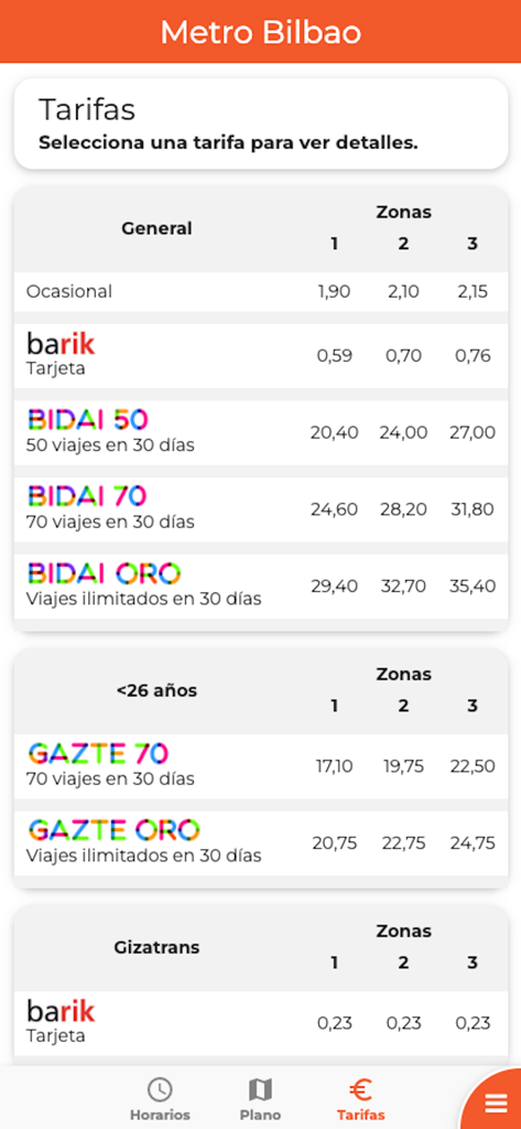 Bilbao Metro, Tren y Tranvía - Tabla de precios de billetes y zonas tarifarias del Metro de Bilbao dentro de la aplicación móvil