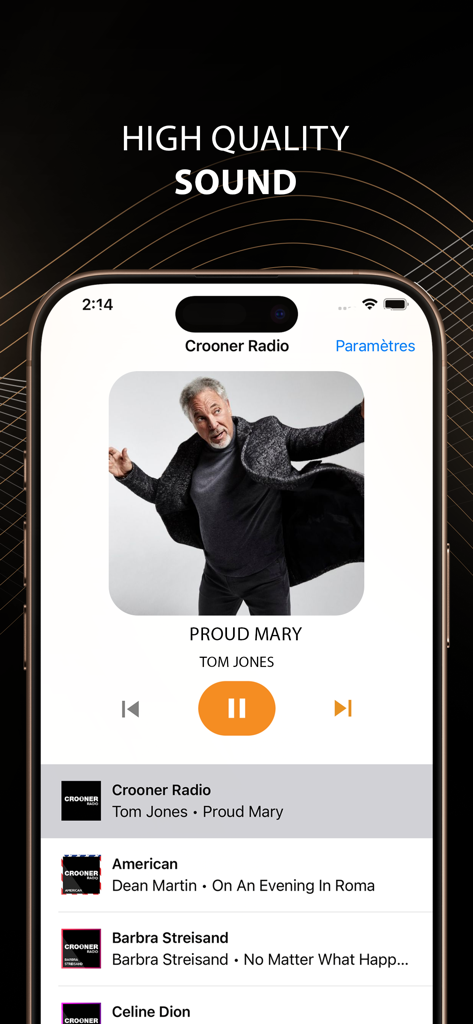 Tela do iPhone mostrando a interface do reprodutor do aplicativo Crooner Radio com Tom Jones