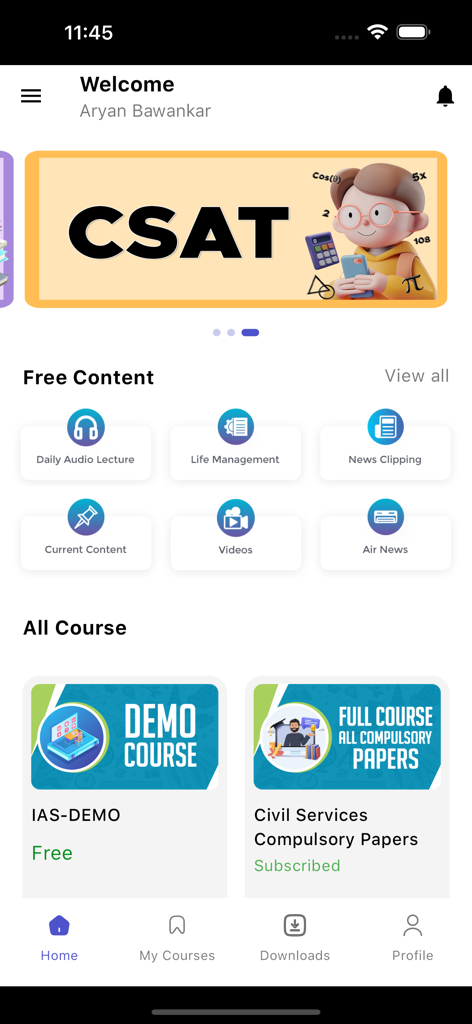 Afeias - Afeias app home screen showing UPSC exam preparation courses and study materials.