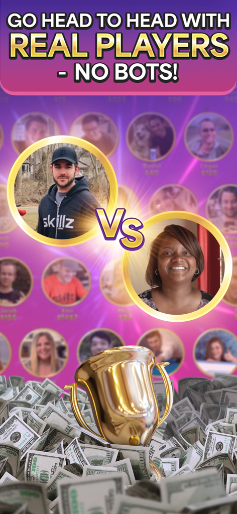 Skillz: Compete & Win Cash - Skillz app screen showing head to head matches with real players and cash rewards