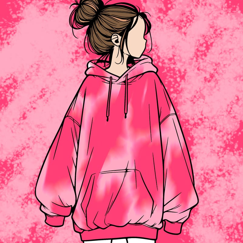realistic girl with a oversized sweatshirt on and a bun