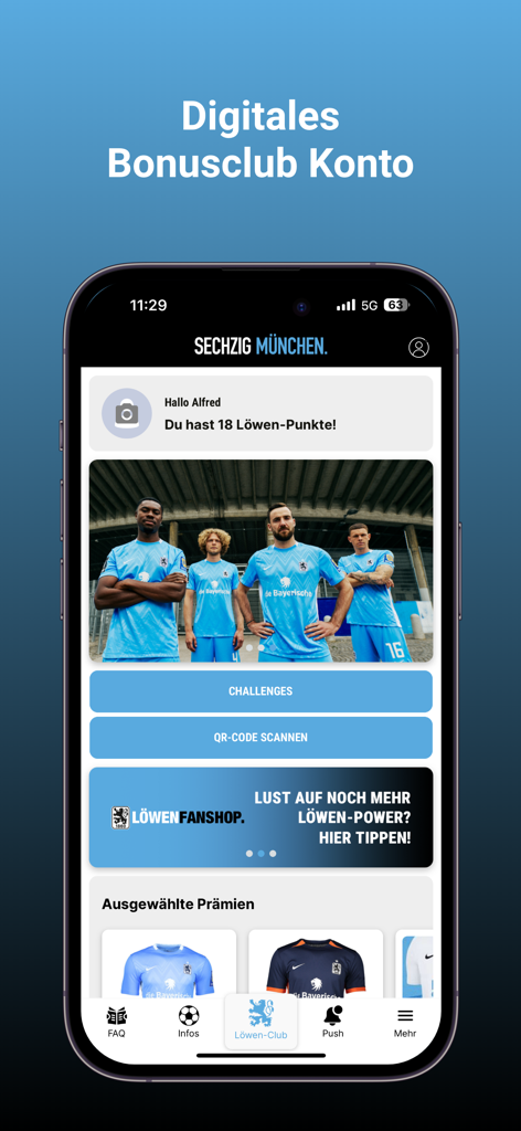 TSV 1860 München - Digital bonus club account screen in the TSV 1860 Munich app showing fan loyalty points and rewards