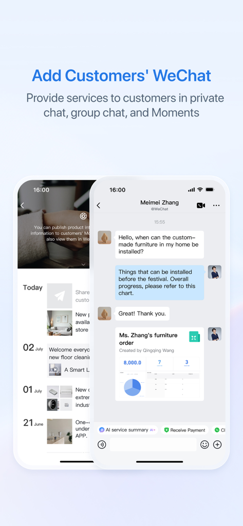 WeChat 고객과의 채팅 통합 및 고객 모먼트를 보여주는 WeCom 앱 화면