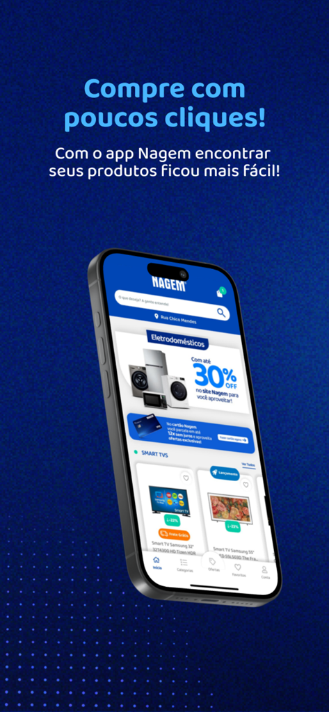 Nagem App - An iPhone displaying the Nagem app home screen with electronics categories and a promotional banner for appliances.