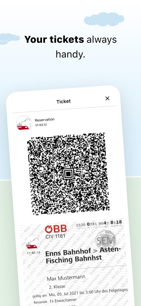 Digital train ticket with QR code displayed on the OBB Tickets app interface
