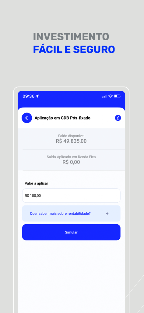 Tela do aplicativo móvel do Banco Mercantil mostrando a interface de solicitação de investimento em CDB com informações de saldo e botão de simulação.