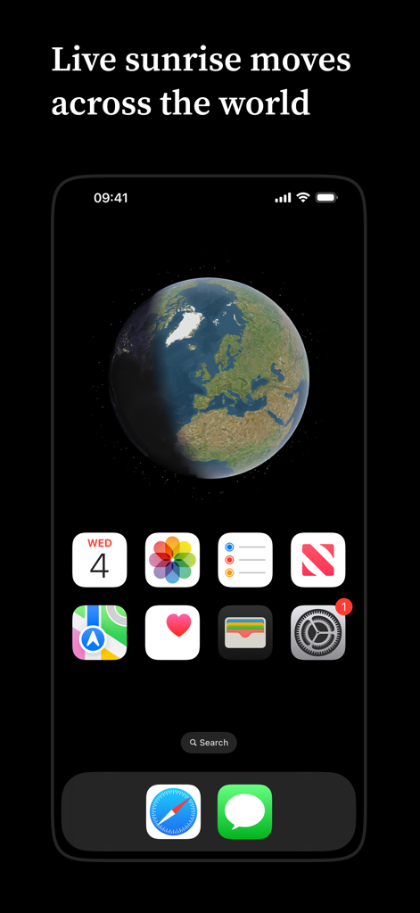 Earth Widget - Earth Widget on iPhone home screen showing live globe with day and night shading