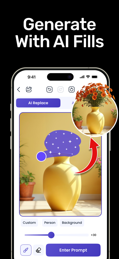 AI Art & Image Generator - 花瓶に花を追加するためにジェネレーティブフィル機能を示すAIアートと画像ジェネレーターアプリのインターフェース。