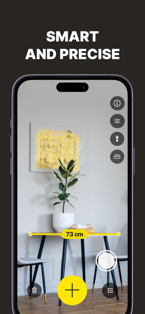 Tape Measure+ AR Digital Ruler - Tape Measure plus app using augmented reality to display a precise 73 centimeter measurement of a wooden table