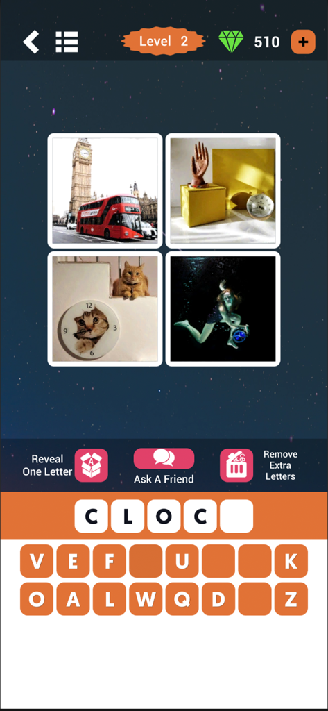 4 Pics 1 Word Puzzle - 4 Pics 1 Word Puzzle gameplay screen showing four clock related images and letter tiles to solve the level