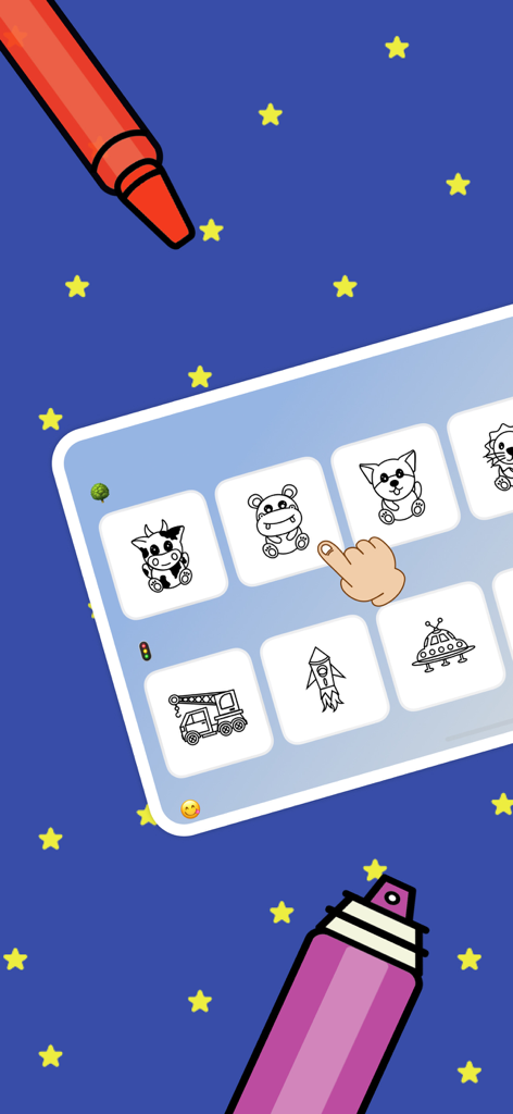 Coloring for Kids & Toddlers - Coloring app menu showing animal and vehicle drawings for kids