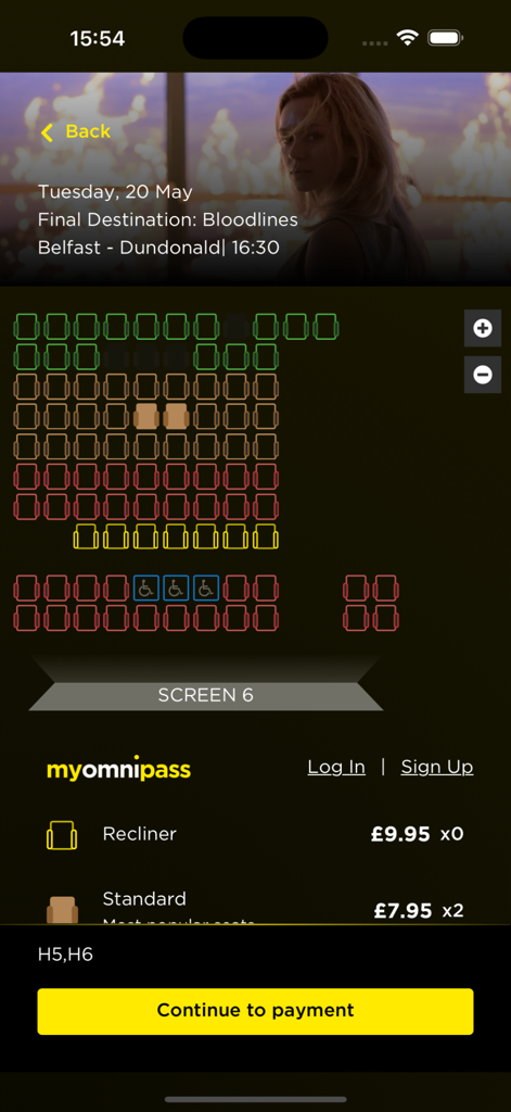 Omniplex Cinemas mobile app screen for selecting movie theater seats with ticket pricing and seat map