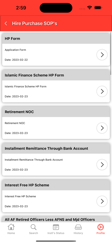 List of hire purchase SOPs and finance scheme forms in the CSD app