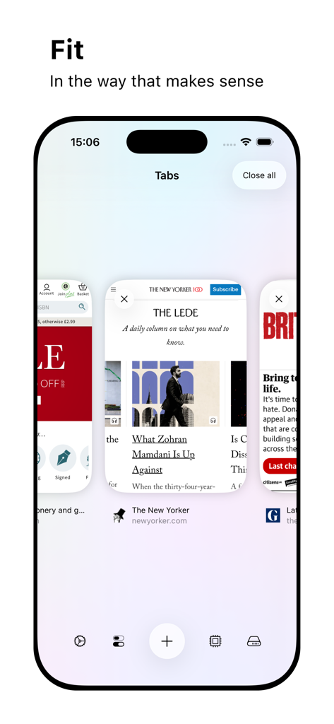 Web Browser - iPhone screenshot showing a clean and ergonomic tab switcher interface in the Web Browser app with multiple open website previews