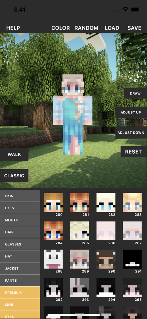 A screenshot of the Custom Skin Creator app showing a 3D Minecraft character and skin customization menu