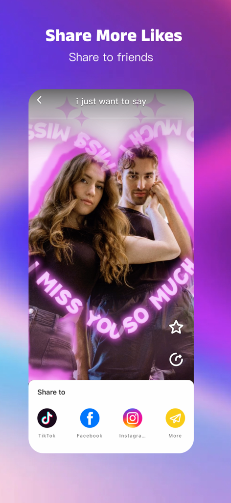 Écran de partage de l'application Tempo montrant un clip musical lyrique avec du texte néon et des icônes de réseaux sociaux pour TikTok, Facebook et Instagram