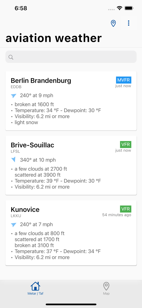 Aviation weather - METAR & TAF - Mobile app interface showing decoded aviation weather reports for multiple airports including wind speed visibility and cloud cover