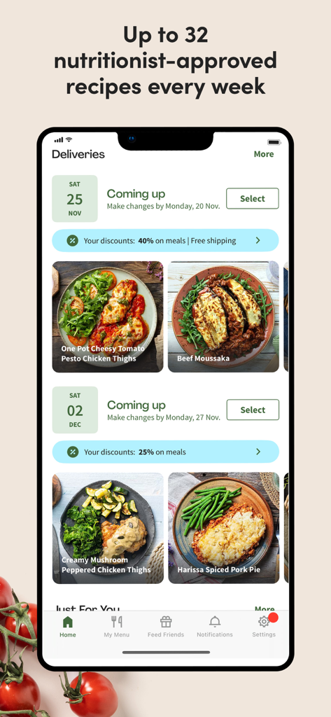 Green Chef app screen showing upcoming healthy meal deliveries and recipe options