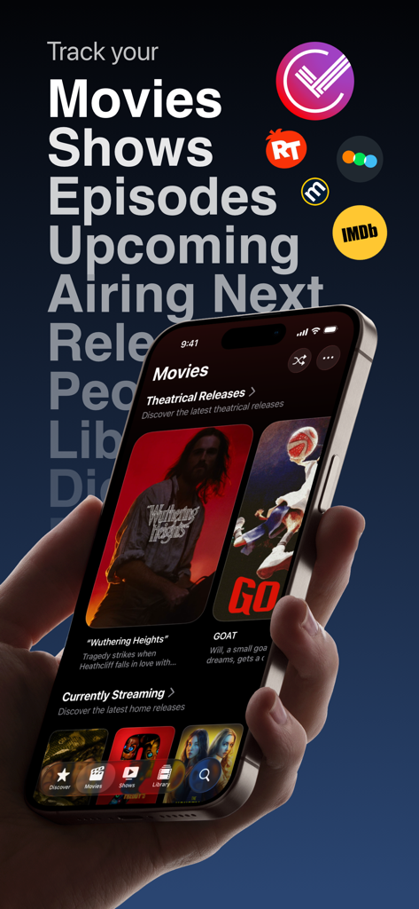 Binge: Movies and Shows - iPhone mostrando la interfaz de la aplicación Binge con pósters de películas e iconos de sitios de valoración como IMDb y Rotten Tomatoes.