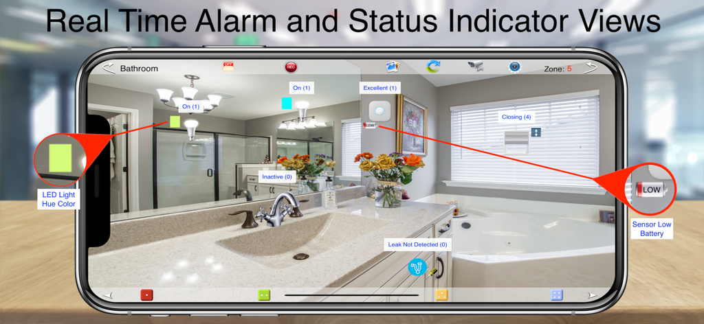Interface of HOS Smart Home app displaying real-time status and alarm indicators over a photo of a bathroom.