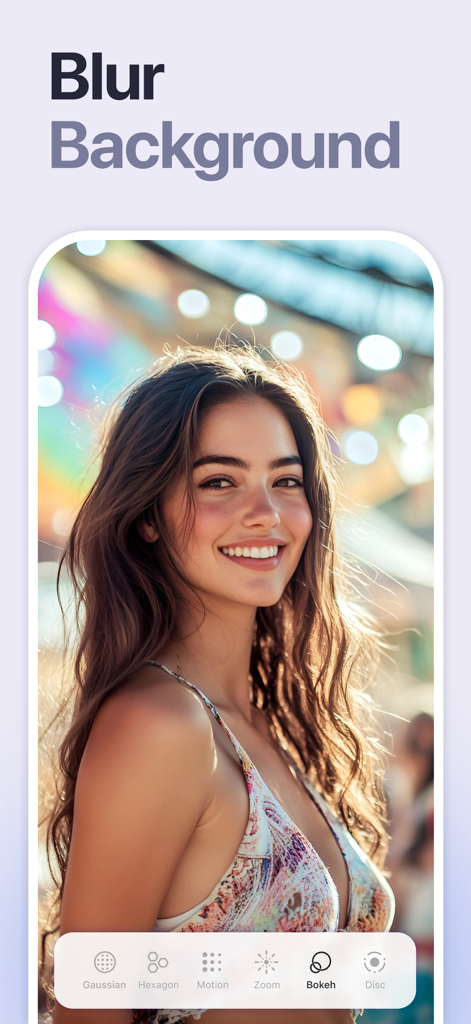 Retouch: AI Object Remover - A smiling woman with a colorful bokeh background using the blur background feature of the Retouch AI app