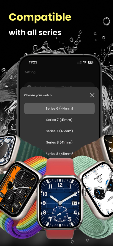 Luxury Watch Faces Watchology - Watchology app interface showing compatibility with all Apple Watch series and a gallery of luxury watch face designs