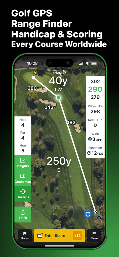 SwingU app interface showing an aerial golf course GPS map with yardage tracking and club recommendations