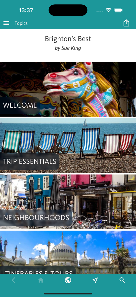 Hauptmenü der Brighton Best Reise-App mit Abschnitten für Willkommen, Reiseutensilien, Viertel und Reiserouten.